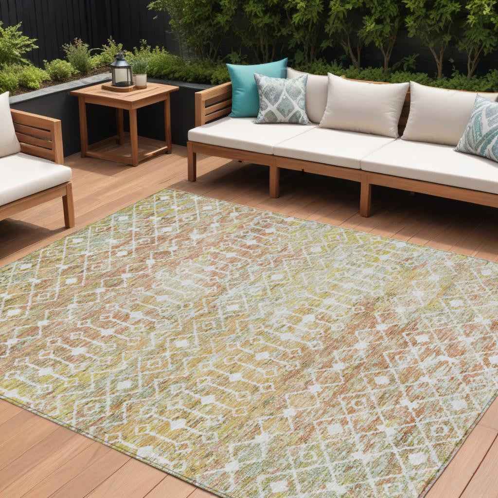 8' X 10' Peach And Ivory Argyle Washable Indoor Outdoor Area Rug
