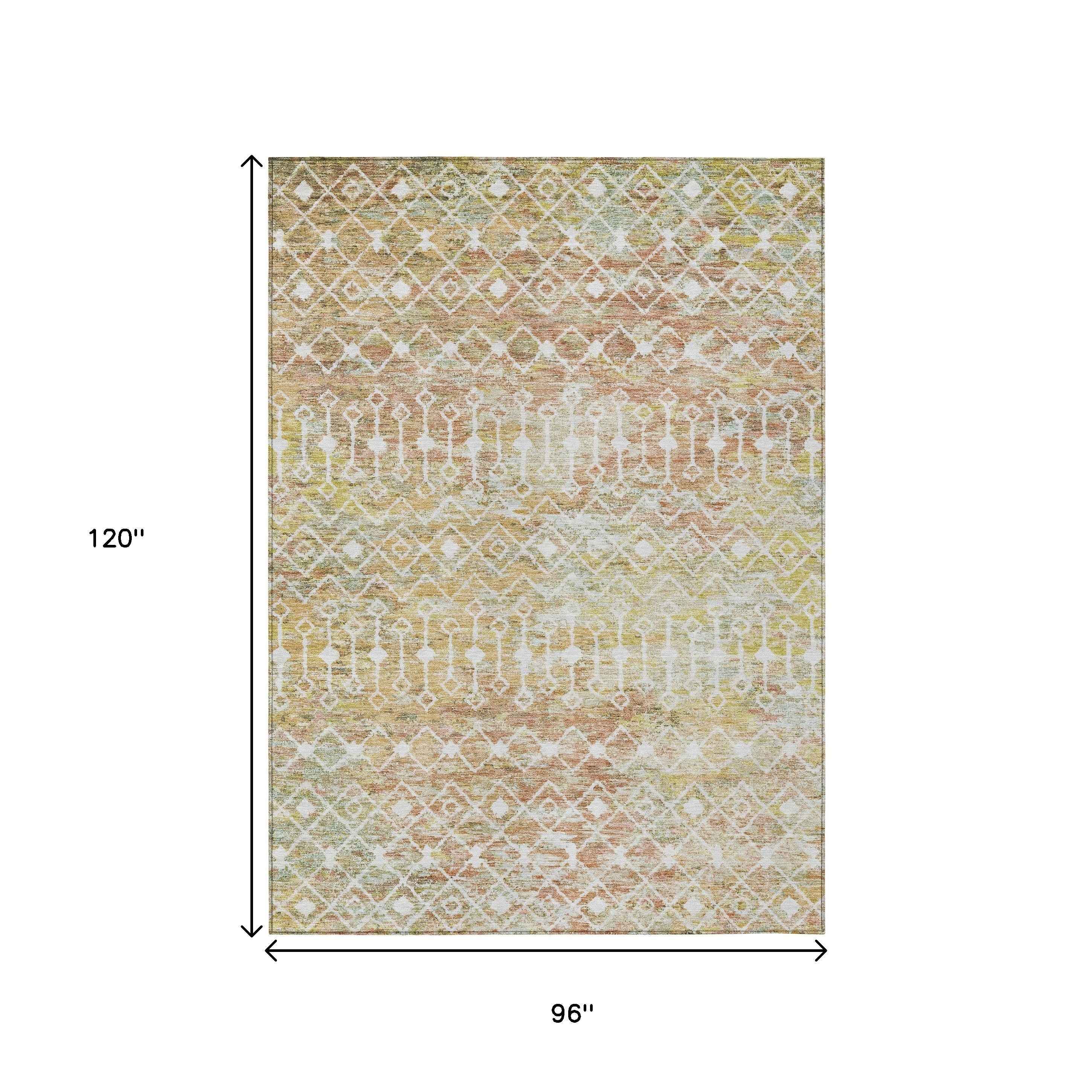 8' X 10' Peach And Ivory Argyle Washable Indoor Outdoor Area Rug
