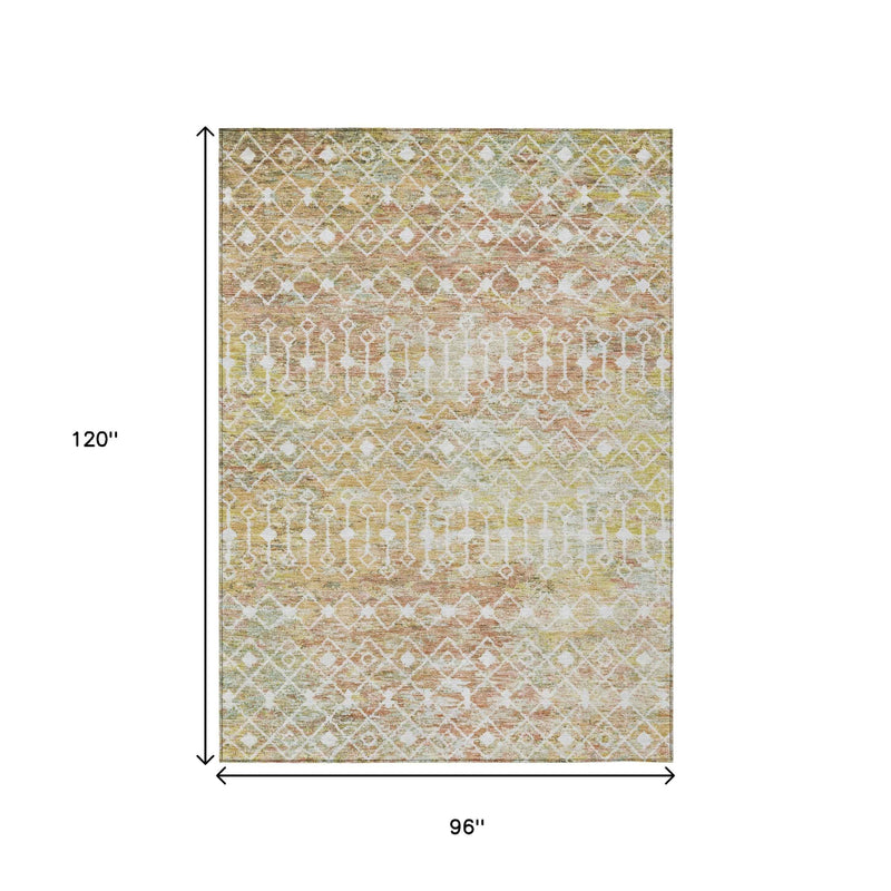 8' X 10' Peach And Ivory Argyle Washable Indoor Outdoor Area Rug