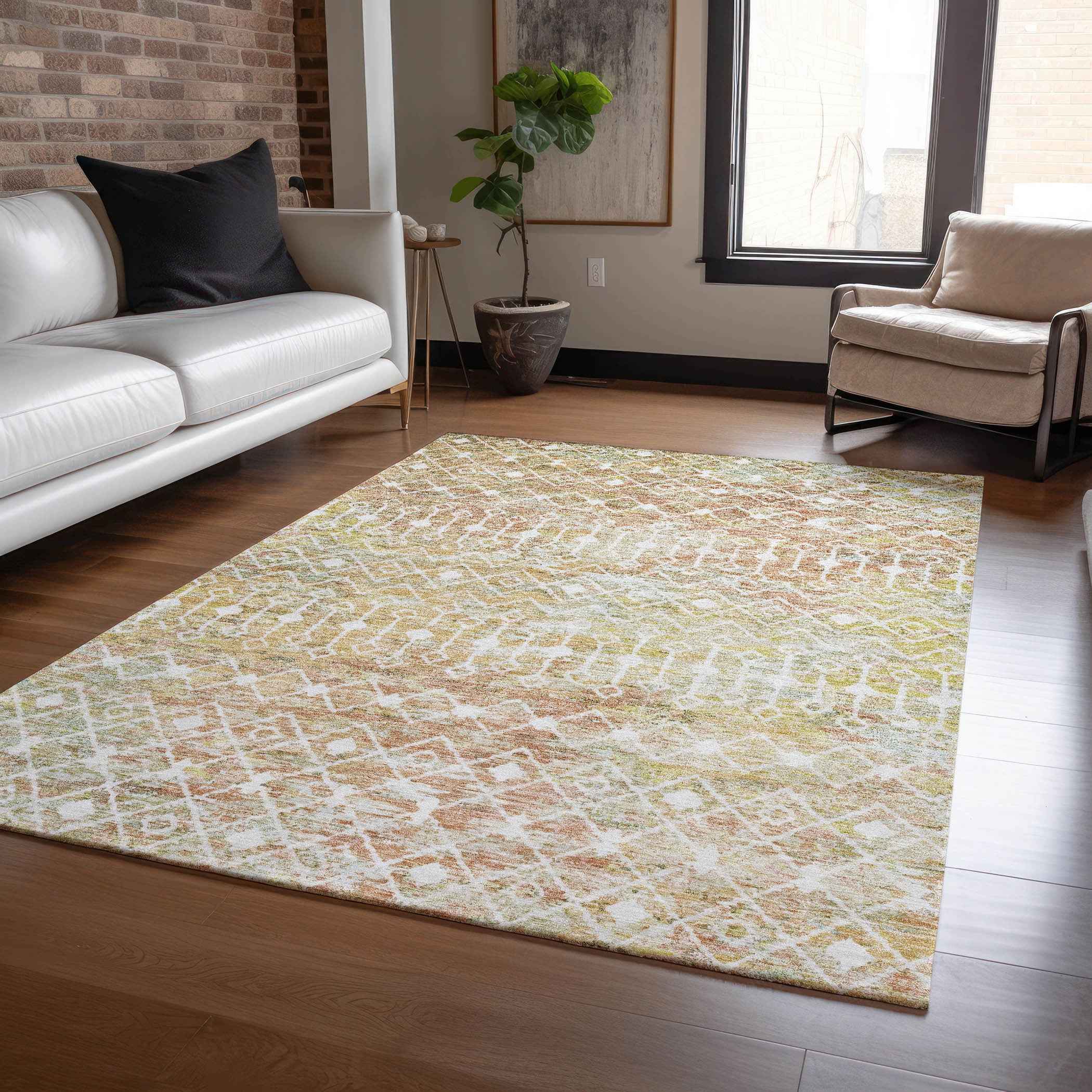 8' X 10' Peach And Ivory Argyle Washable Indoor Outdoor Area Rug