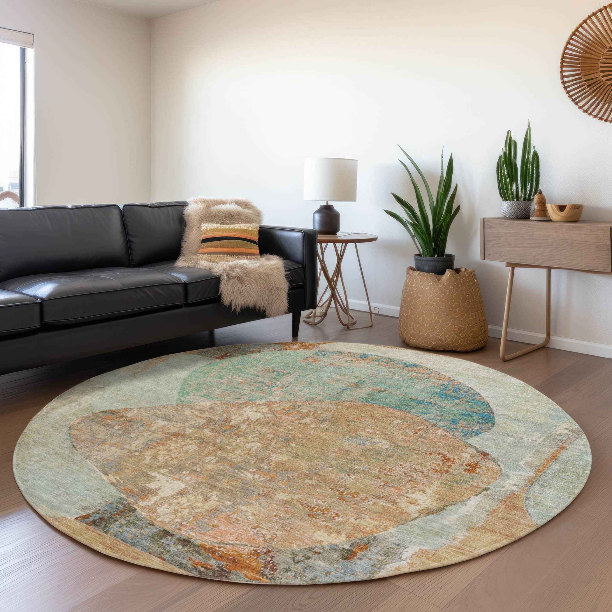 8' Teal Blue And Copper Round Abstract Washable Indoor Outdoor Area Rug