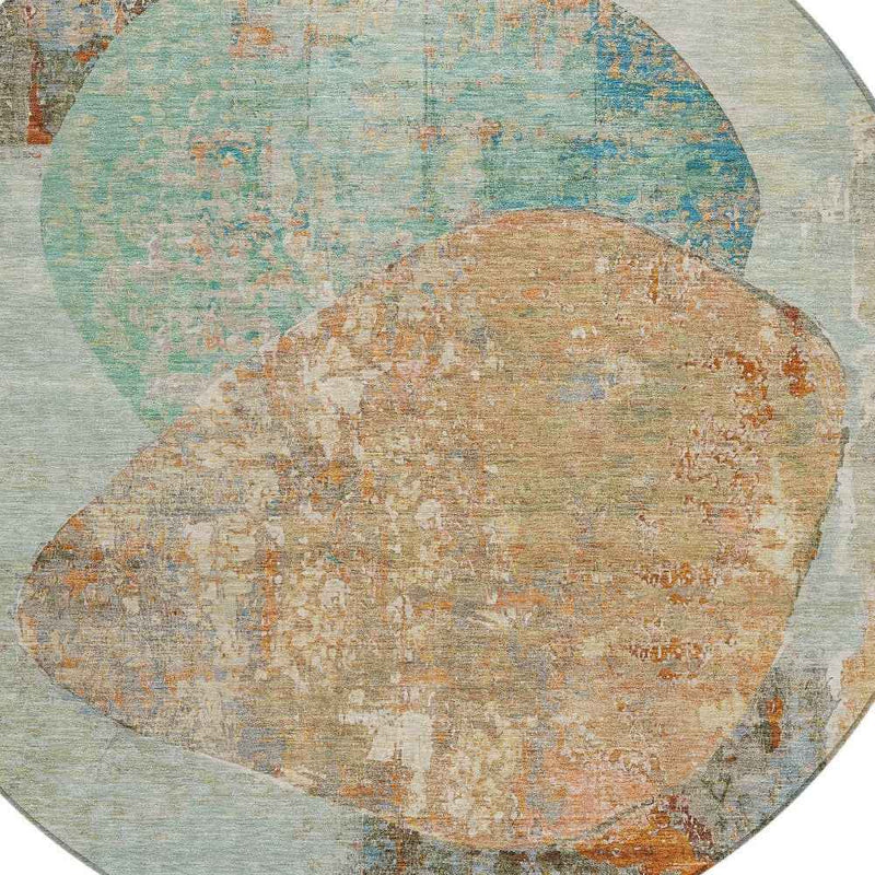 8' Teal Blue And Copper Round Abstract Washable Indoor Outdoor Area Rug