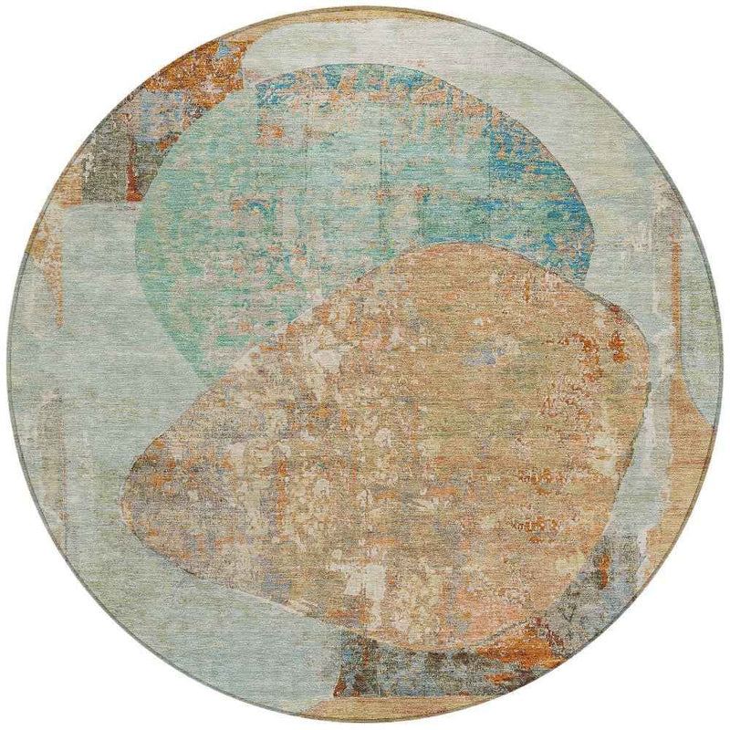 8' Teal Blue And Copper Round Abstract Washable Indoor Outdoor Area Rug