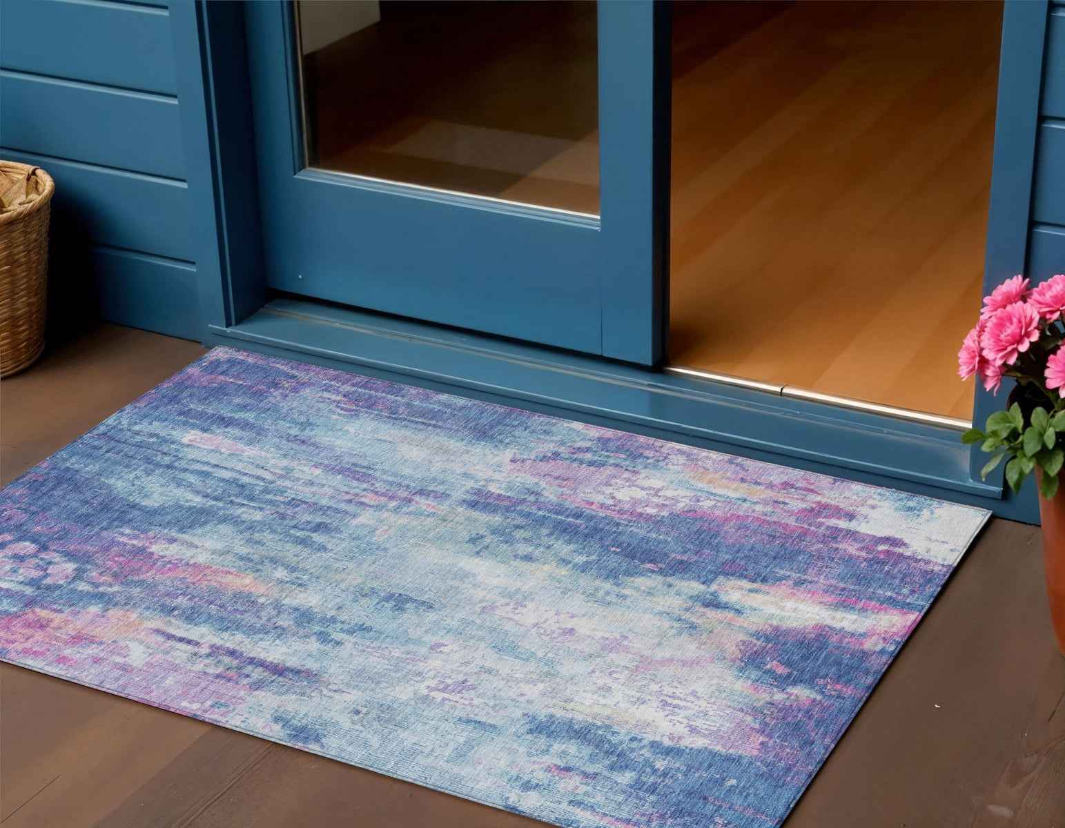 3' X 5' Blue Peach And Sky Blue Abstract Washable Indoor Outdoor Area Rug
