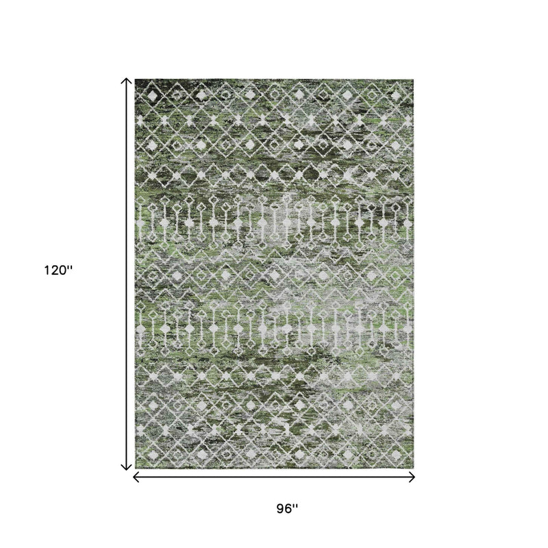 8' X 10' Olive Green And Ivory Argyle Washable Indoor Outdoor Area Rug