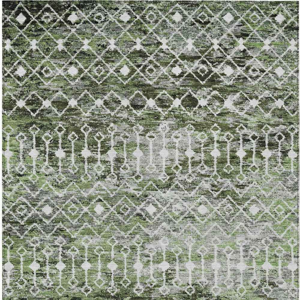 8' X 10' Olive Green And Ivory Argyle Washable Indoor Outdoor Area Rug