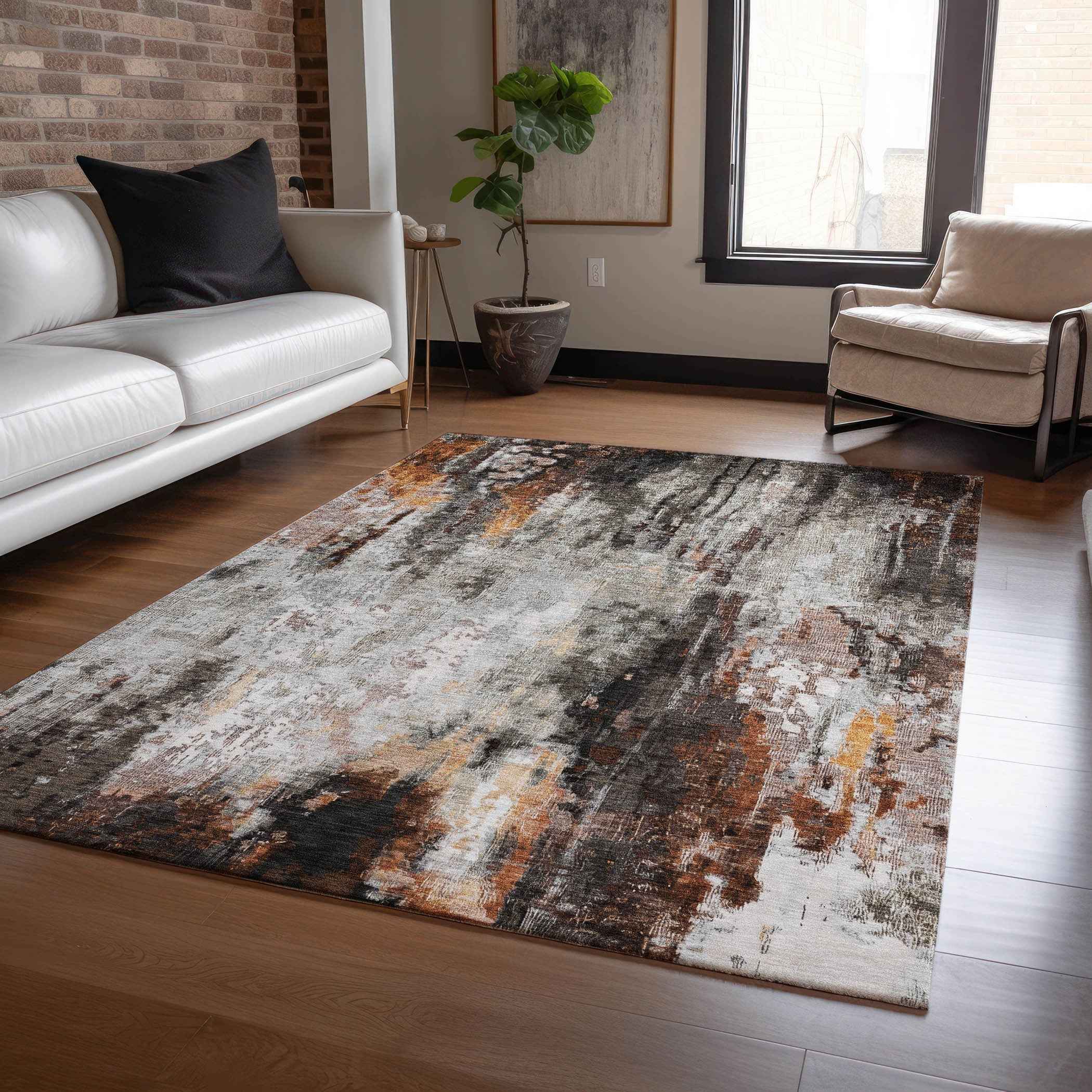 3' X 5' Gray Rust And Ivory Abstract Washable Indoor Outdoor Area Rug