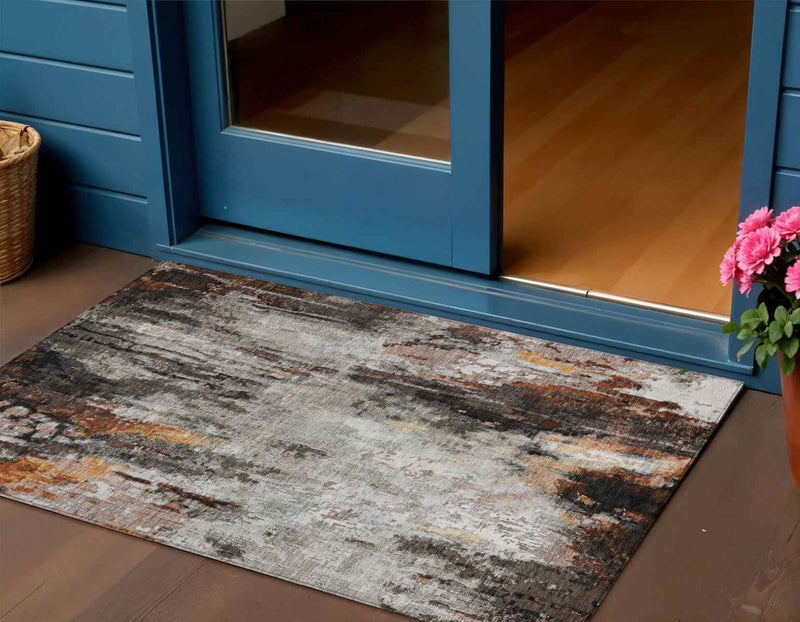 3' X 5' Gray Rust And Ivory Abstract Washable Indoor Outdoor Area Rug