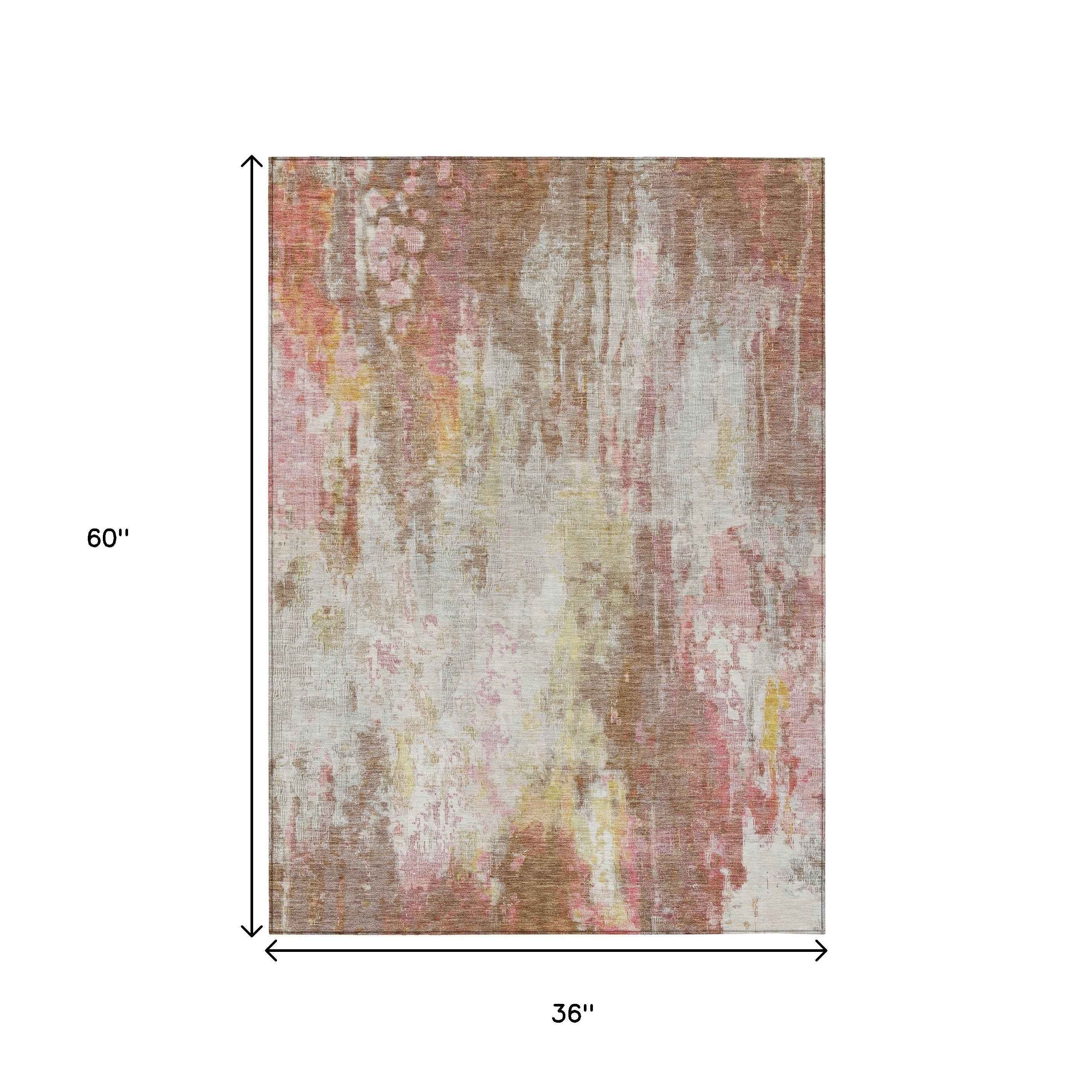 3' X 5' Tan Mauve And Ivory Abstract Washable Indoor Outdoor Area Rug