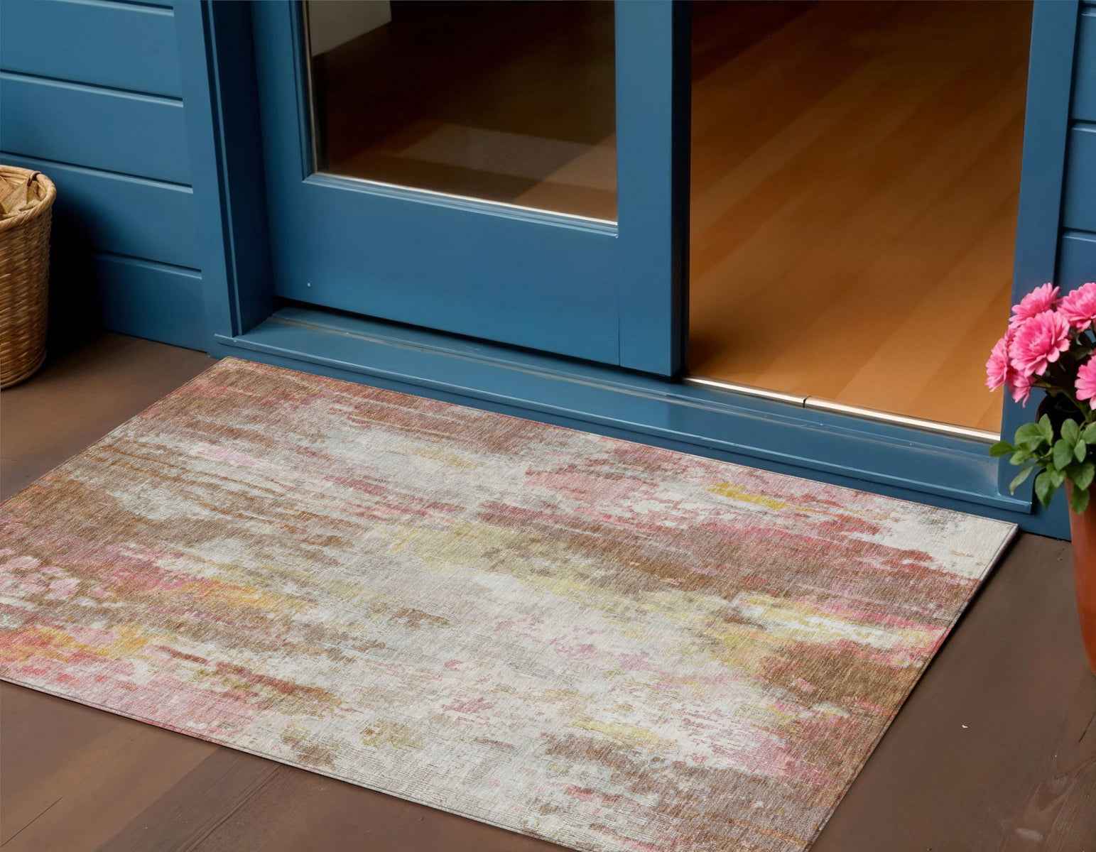 3' X 5' Tan Mauve And Ivory Abstract Washable Indoor Outdoor Area Rug