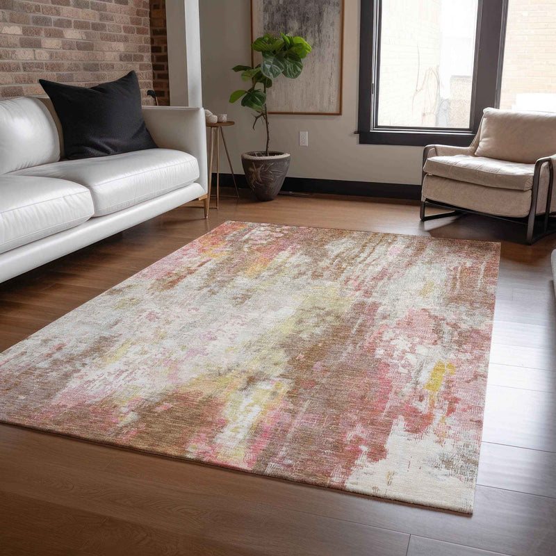 3' X 5' Tan Mauve And Ivory Abstract Washable Indoor Outdoor Area Rug