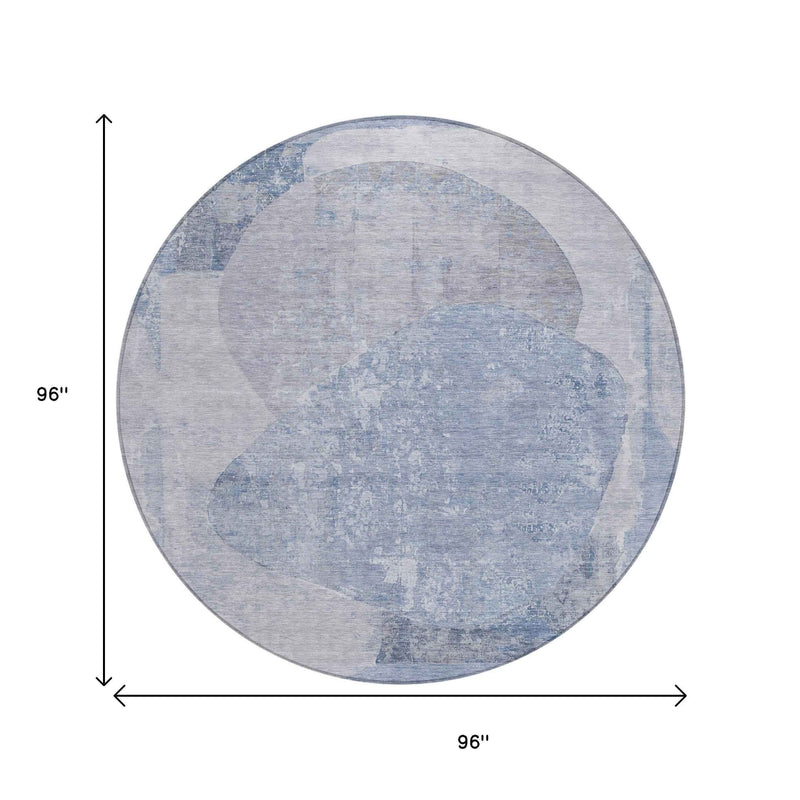 8' Sky Blue And Denim Blue Round Abstract Washable Indoor Outdoor Area Rug