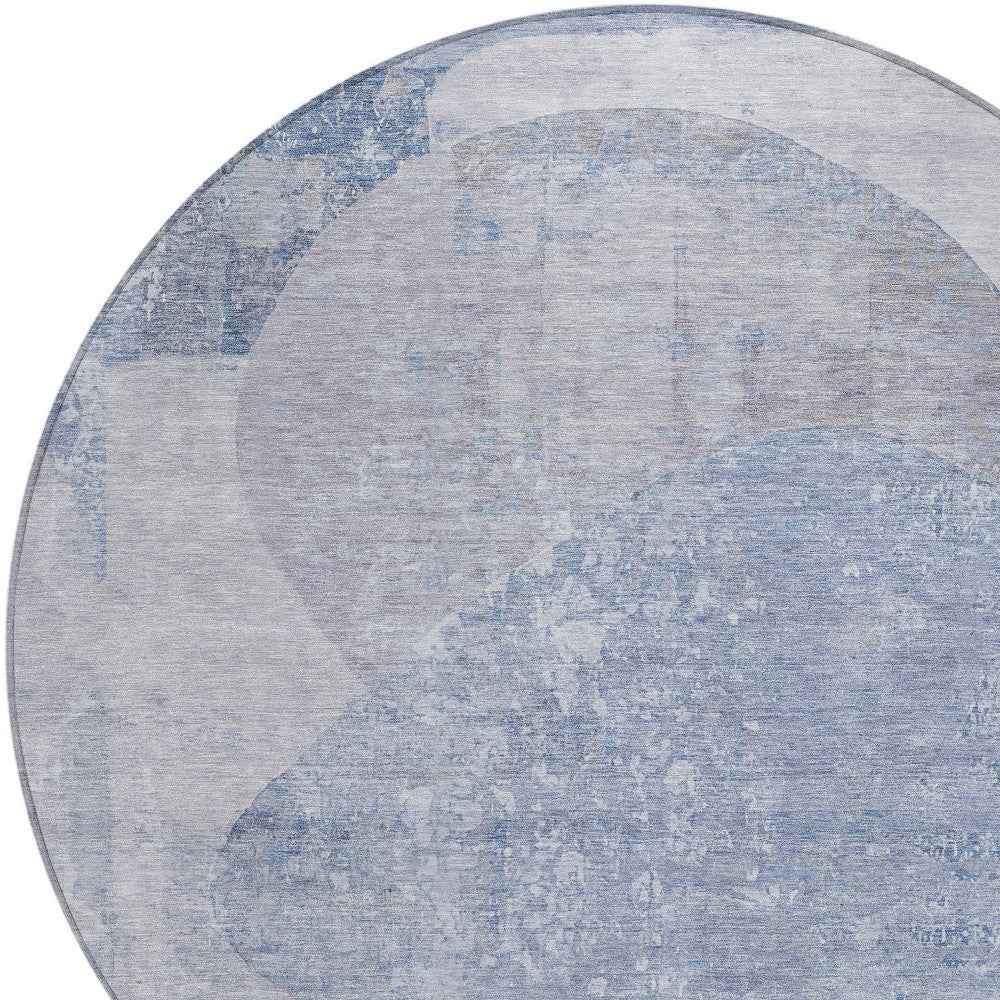 8' Sky Blue And Denim Blue Round Abstract Washable Indoor Outdoor Area Rug
