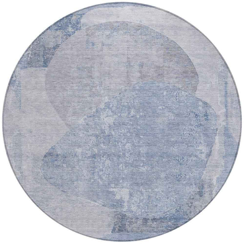 8' Sky Blue And Denim Blue Round Abstract Washable Indoor Outdoor Area Rug