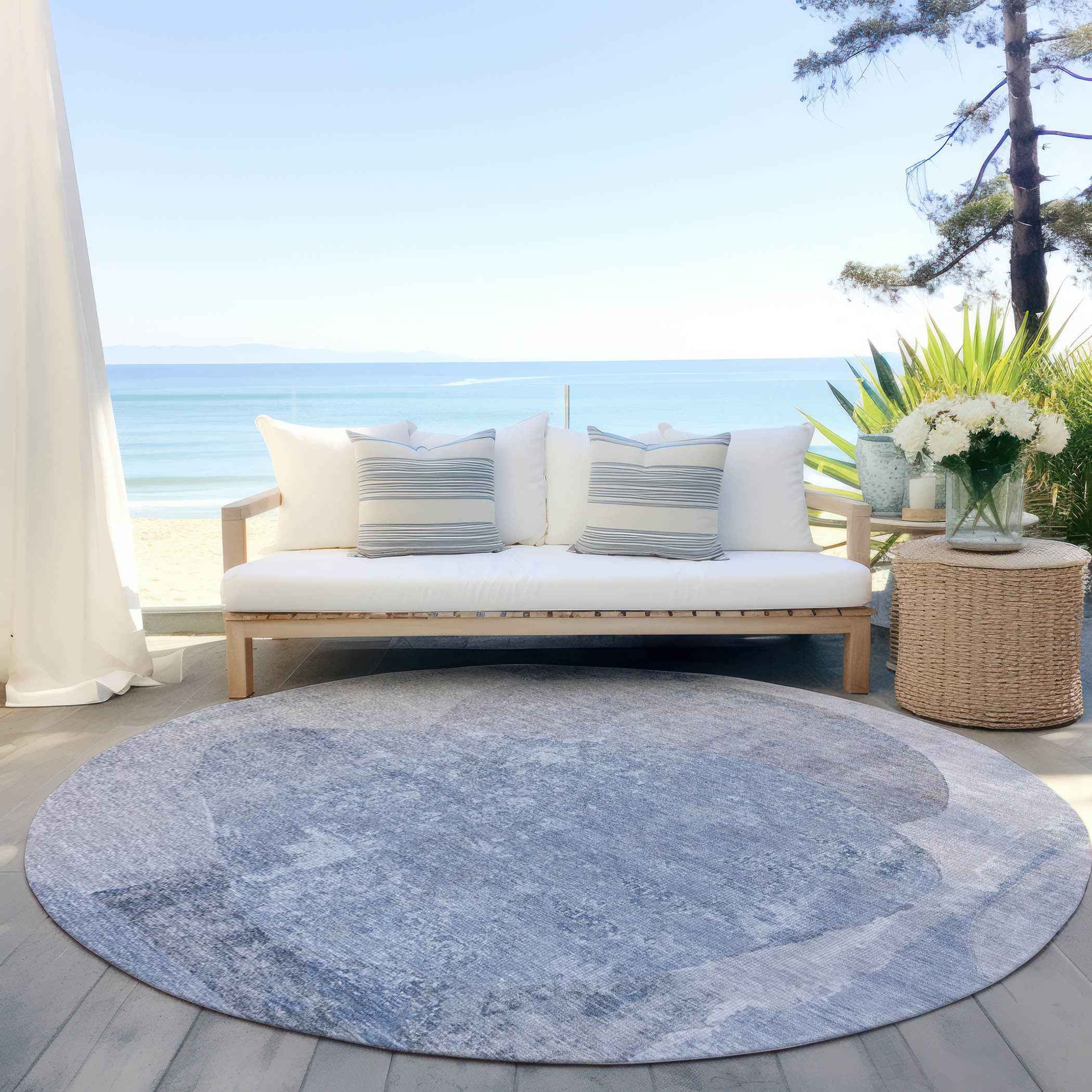 8' Sky Blue And Denim Blue Round Abstract Washable Indoor Outdoor Area Rug