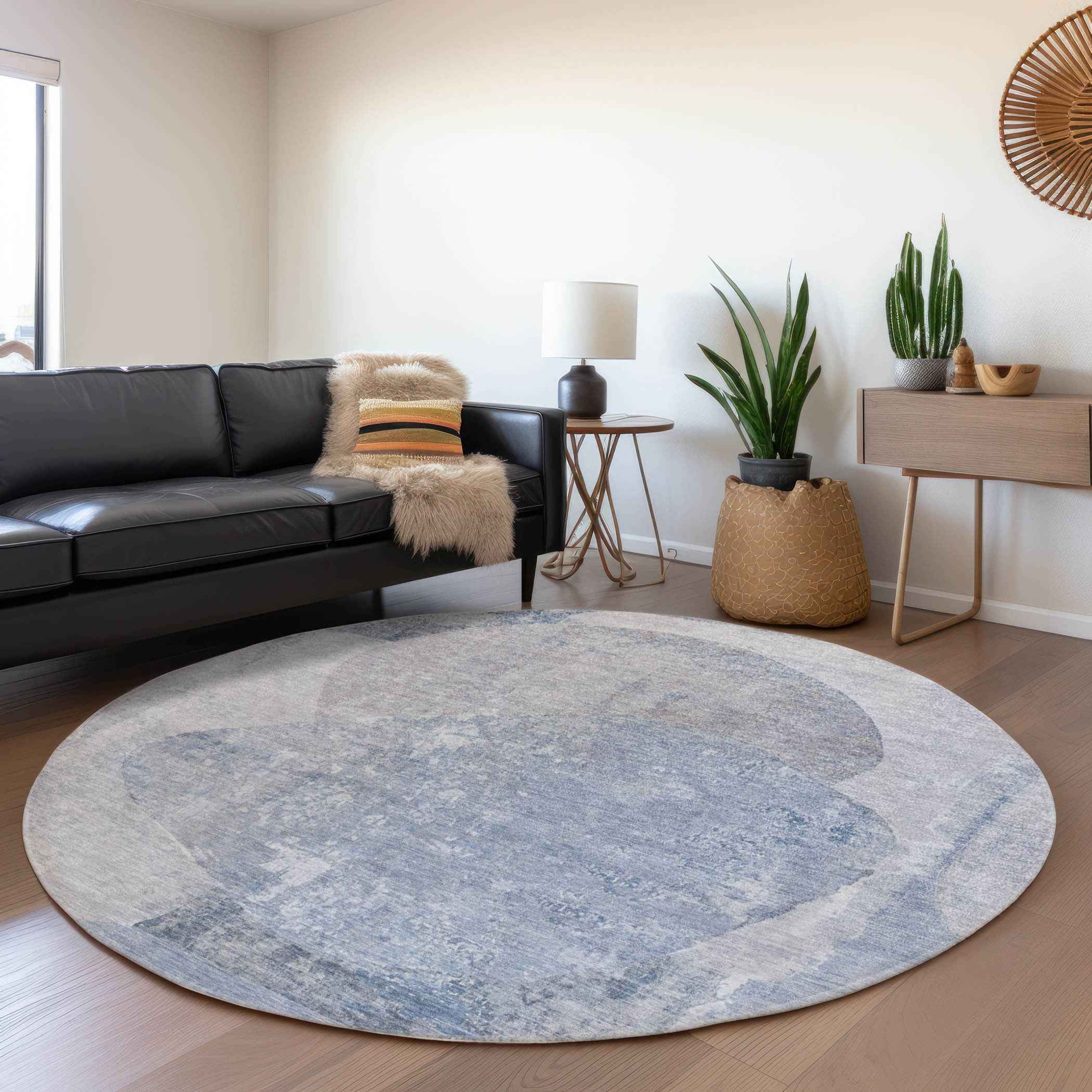 8' Sky Blue And Denim Blue Round Abstract Washable Indoor Outdoor Area Rug