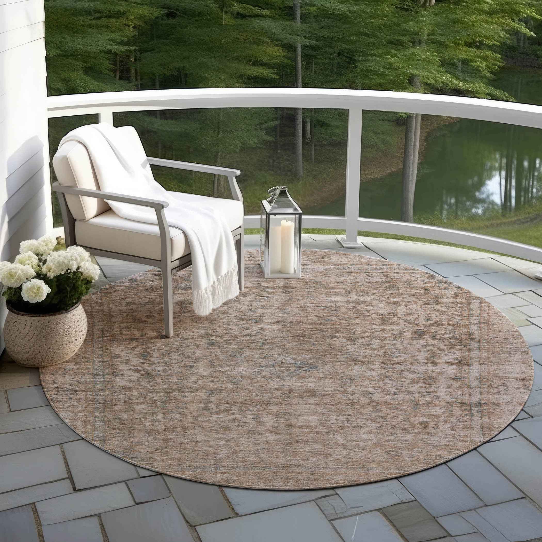 8' Brown And Beige Round Abstract Washable Indoor Outdoor Area Rug