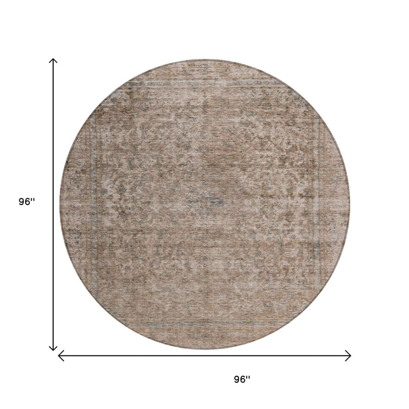 8' Brown And Beige Round Abstract Washable Indoor Outdoor Area Rug