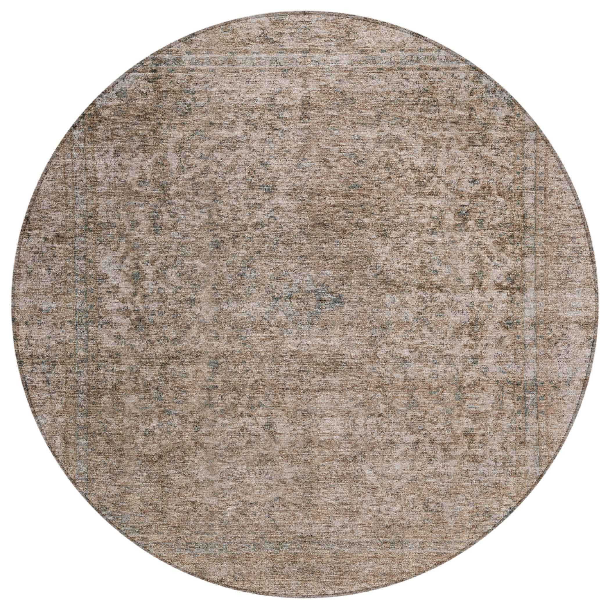 8' Brown And Beige Round Abstract Washable Indoor Outdoor Area Rug