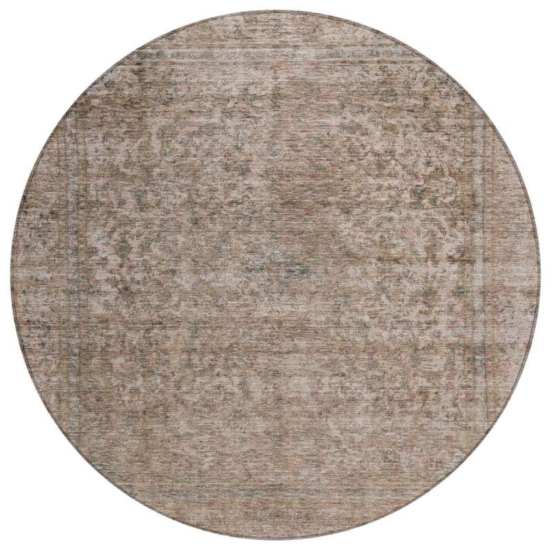 8' Brown And Beige Round Abstract Washable Indoor Outdoor Area Rug