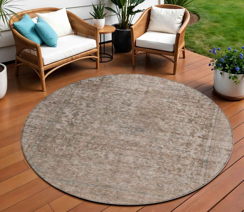8' Brown And Beige Round Abstract Washable Indoor Outdoor Area Rug