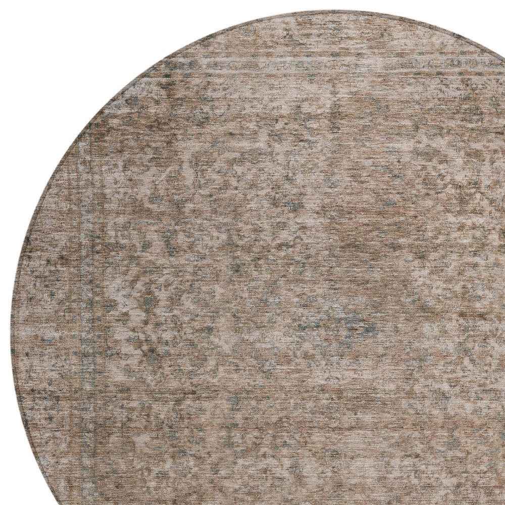 8' Brown And Beige Round Abstract Washable Indoor Outdoor Area Rug