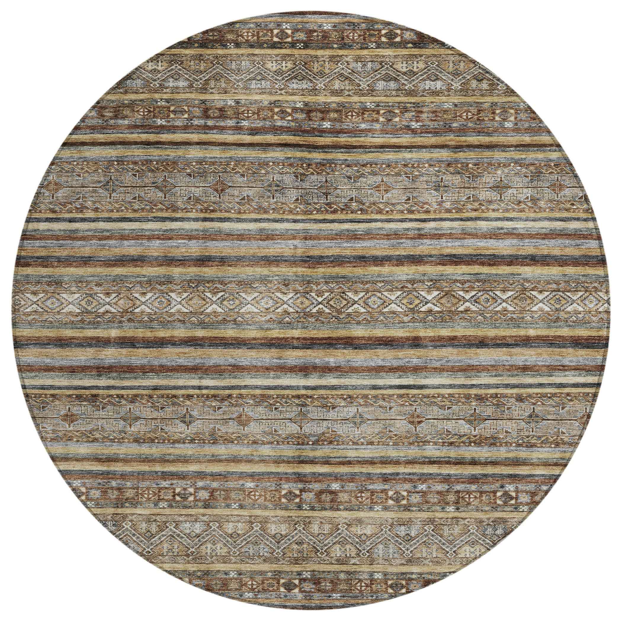 8' Brown Denim Blue And Beige Round Southwestern Washable Indoor Outdoor Area Rug