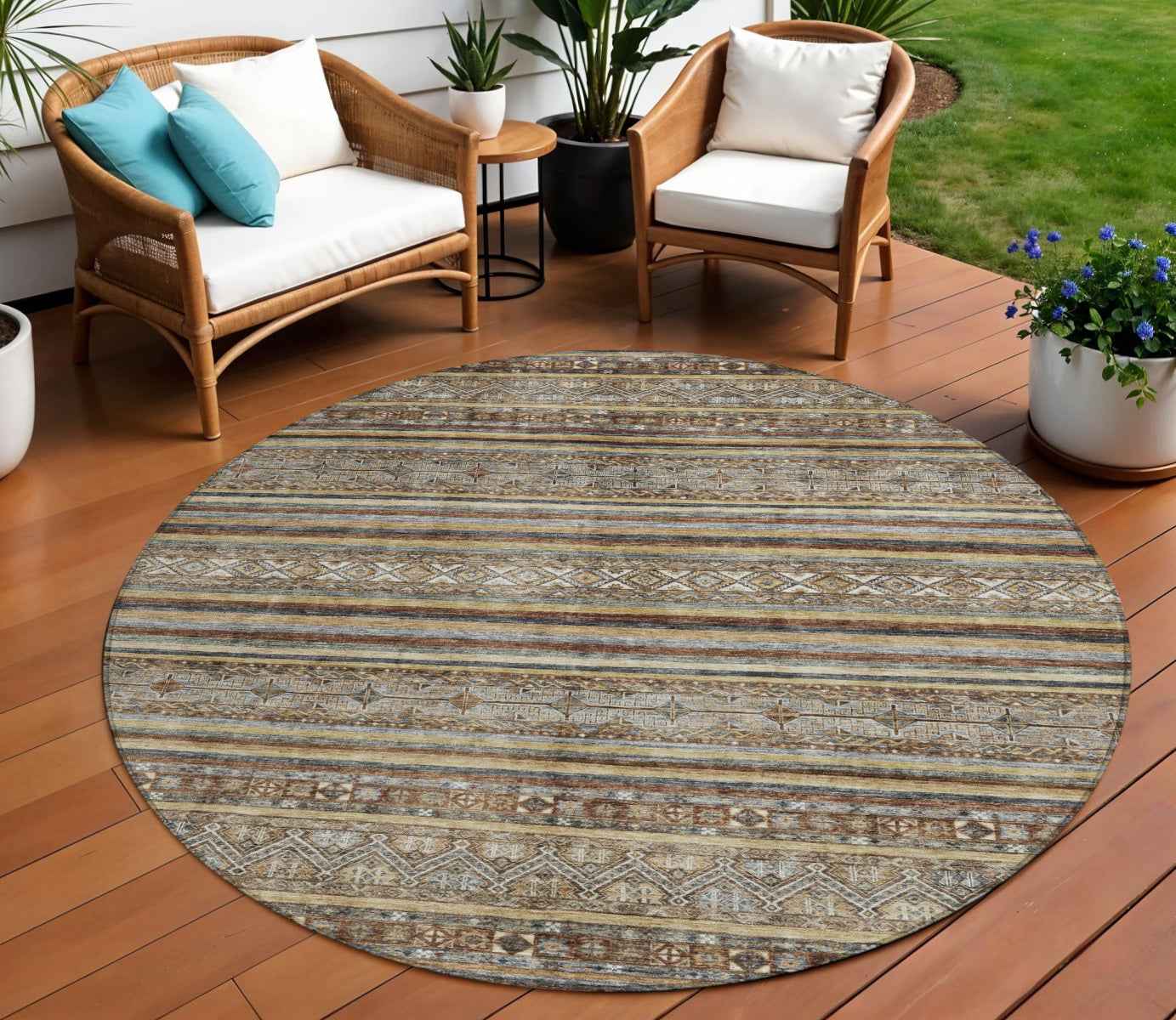 8' Brown Denim Blue And Beige Round Southwestern Washable Indoor Outdoor Area Rug
