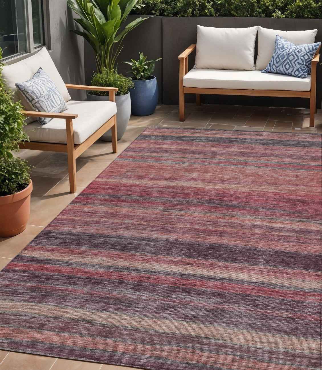 5' X 8' Rust And Blush Striped Washable Indoor Outdoor Area Rug