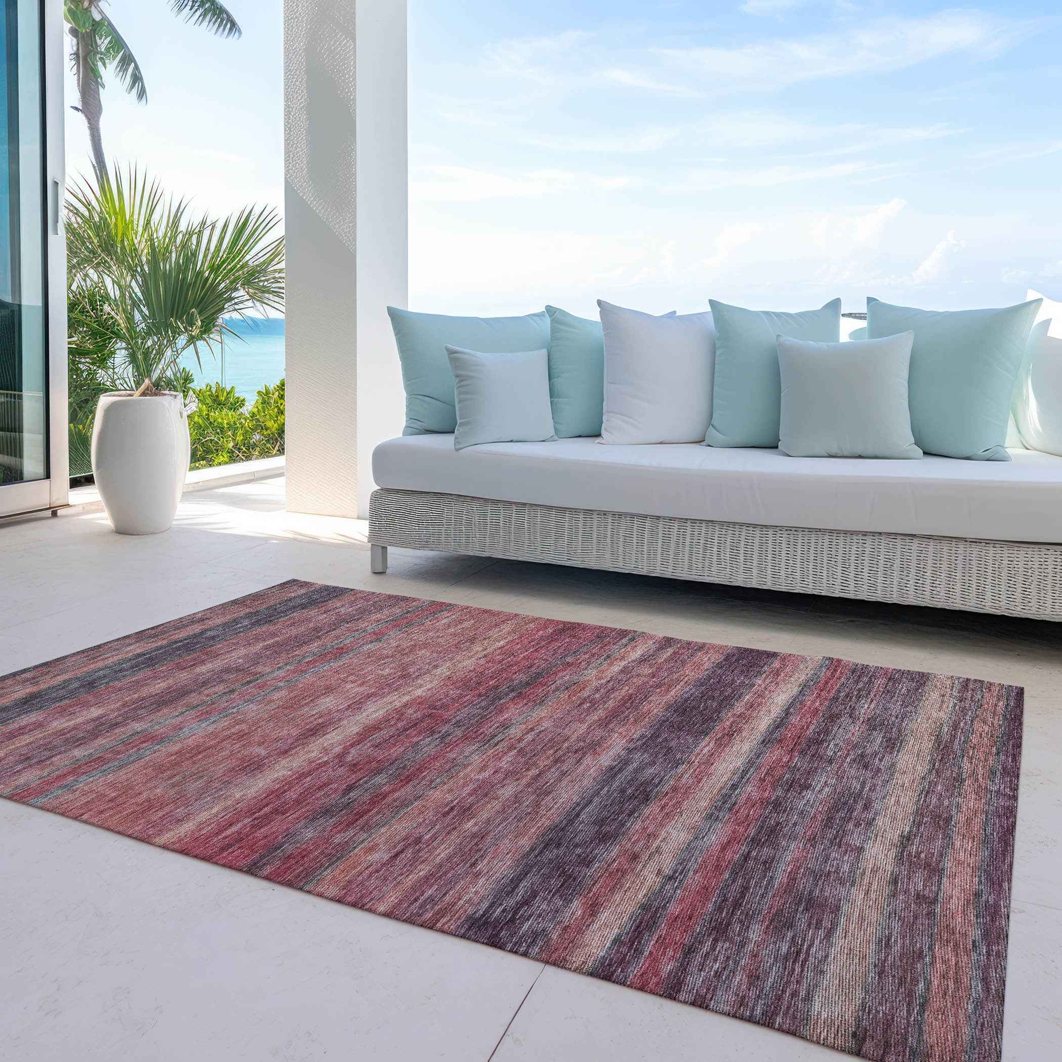 5' X 8' Rust And Blush Striped Washable Indoor Outdoor Area Rug