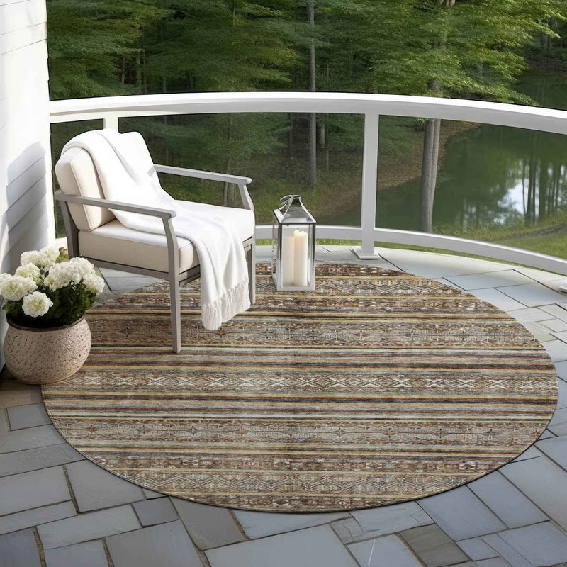 8' Brown Denim Blue And Beige Round Southwestern Washable Indoor Outdoor Area Rug