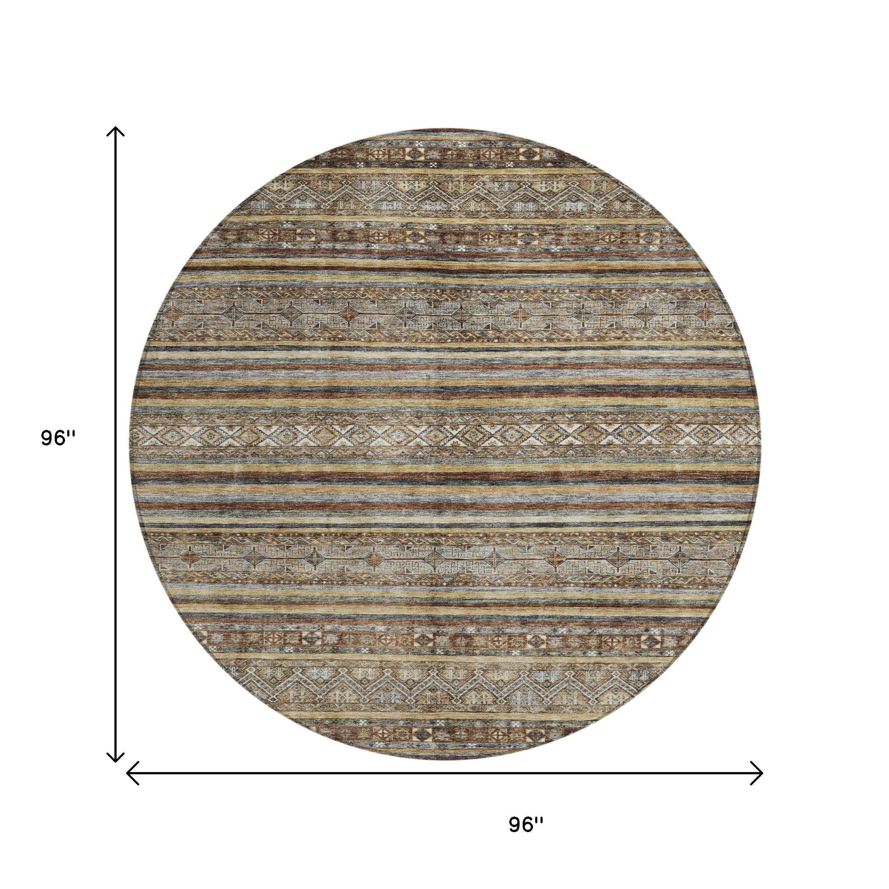 8' Brown Denim Blue And Beige Round Southwestern Washable Indoor Outdoor Area Rug