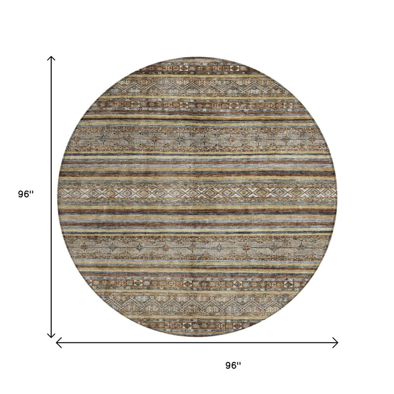 8' Brown Denim Blue And Beige Round Southwestern Washable Indoor Outdoor Area Rug