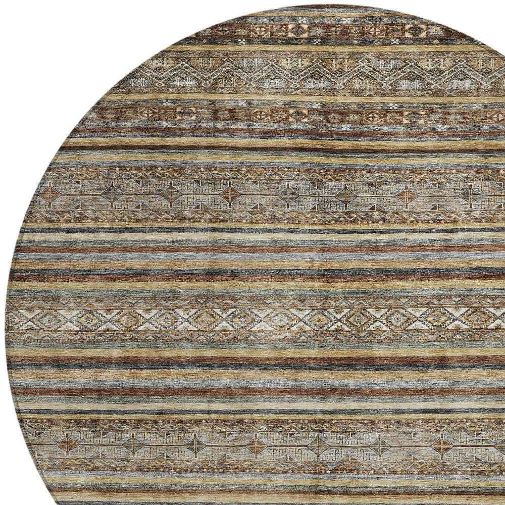8' Brown Denim Blue And Beige Round Southwestern Washable Indoor Outdoor Area Rug