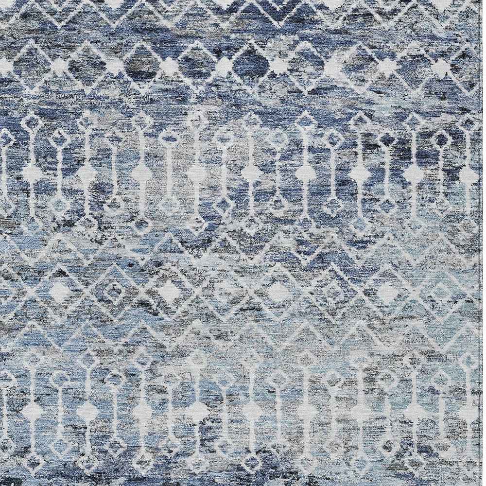 9' X 12' Blue And Silver Argyle Washable Indoor Outdoor Area Rug