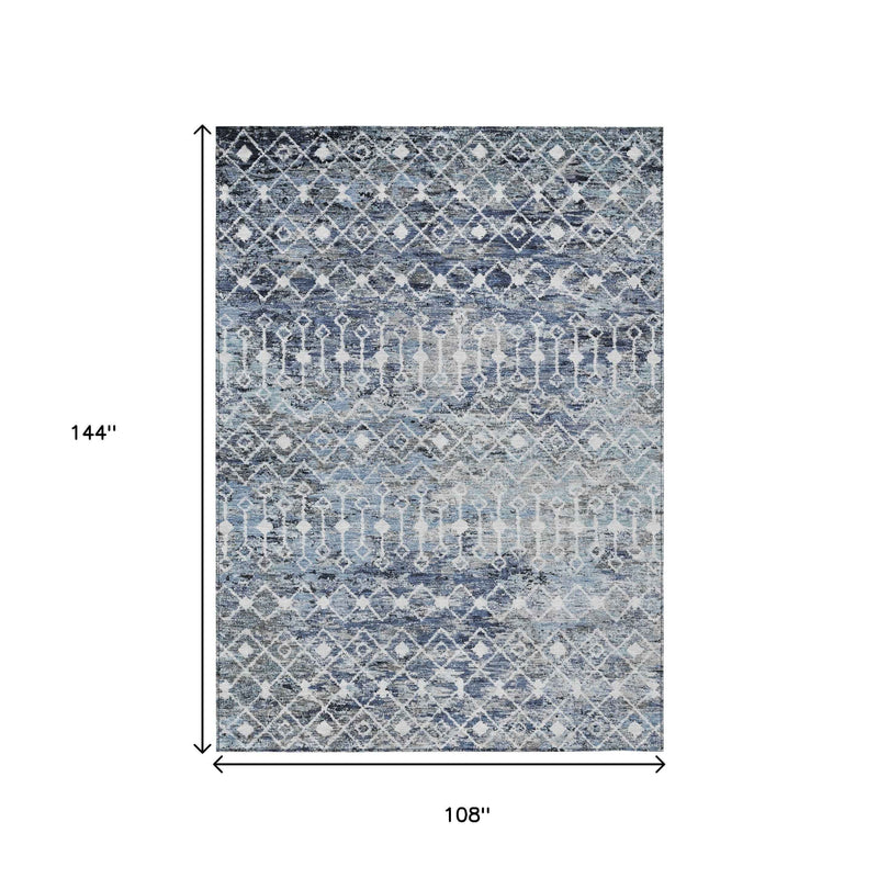 9' X 12' Blue And Silver Argyle Washable Indoor Outdoor Area Rug