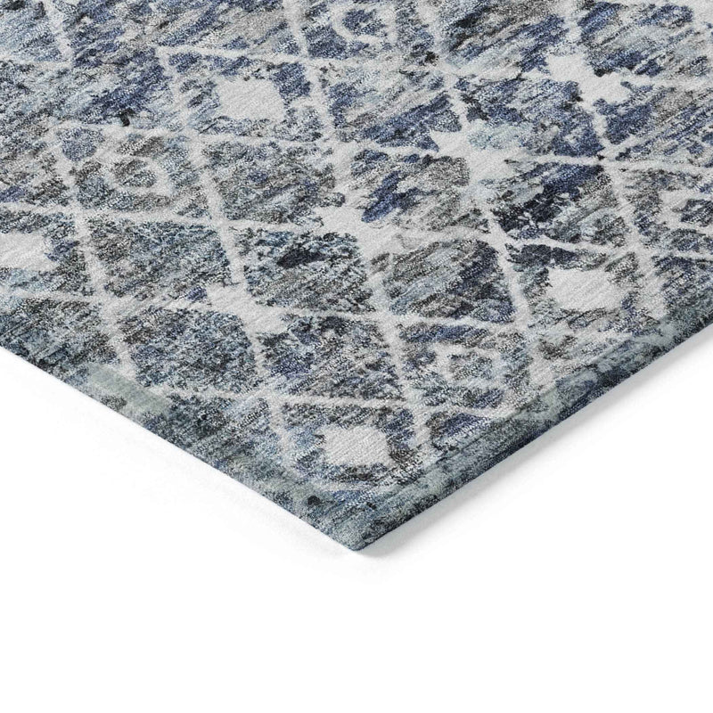 9' X 12' Blue And Silver Argyle Washable Indoor Outdoor Area Rug