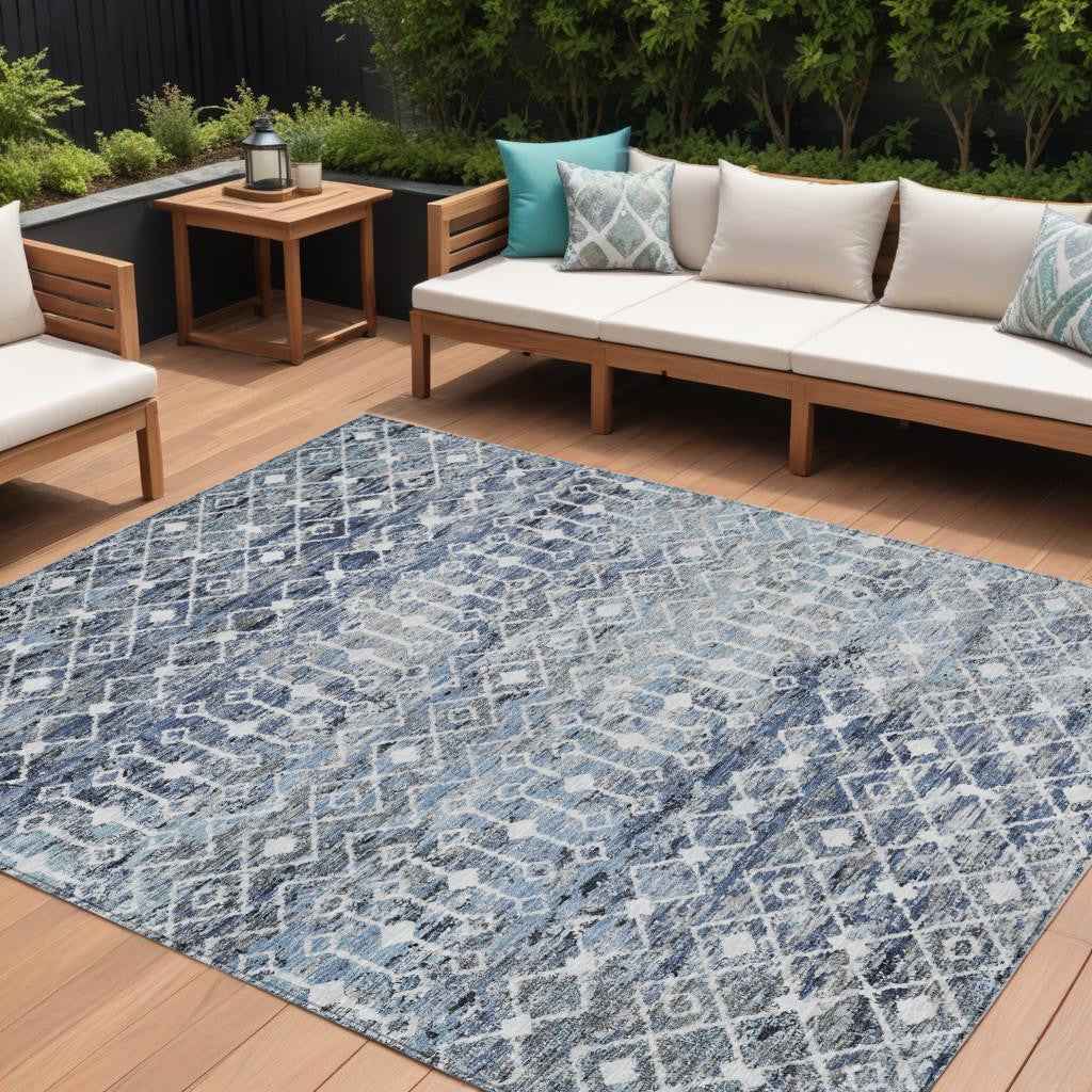 9' X 12' Blue And Silver Argyle Washable Indoor Outdoor Area Rug