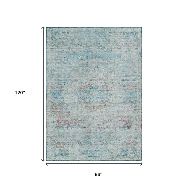 8' X 10' Sky Blue And Blush Medallion Washable Indoor Outdoor Area Rug