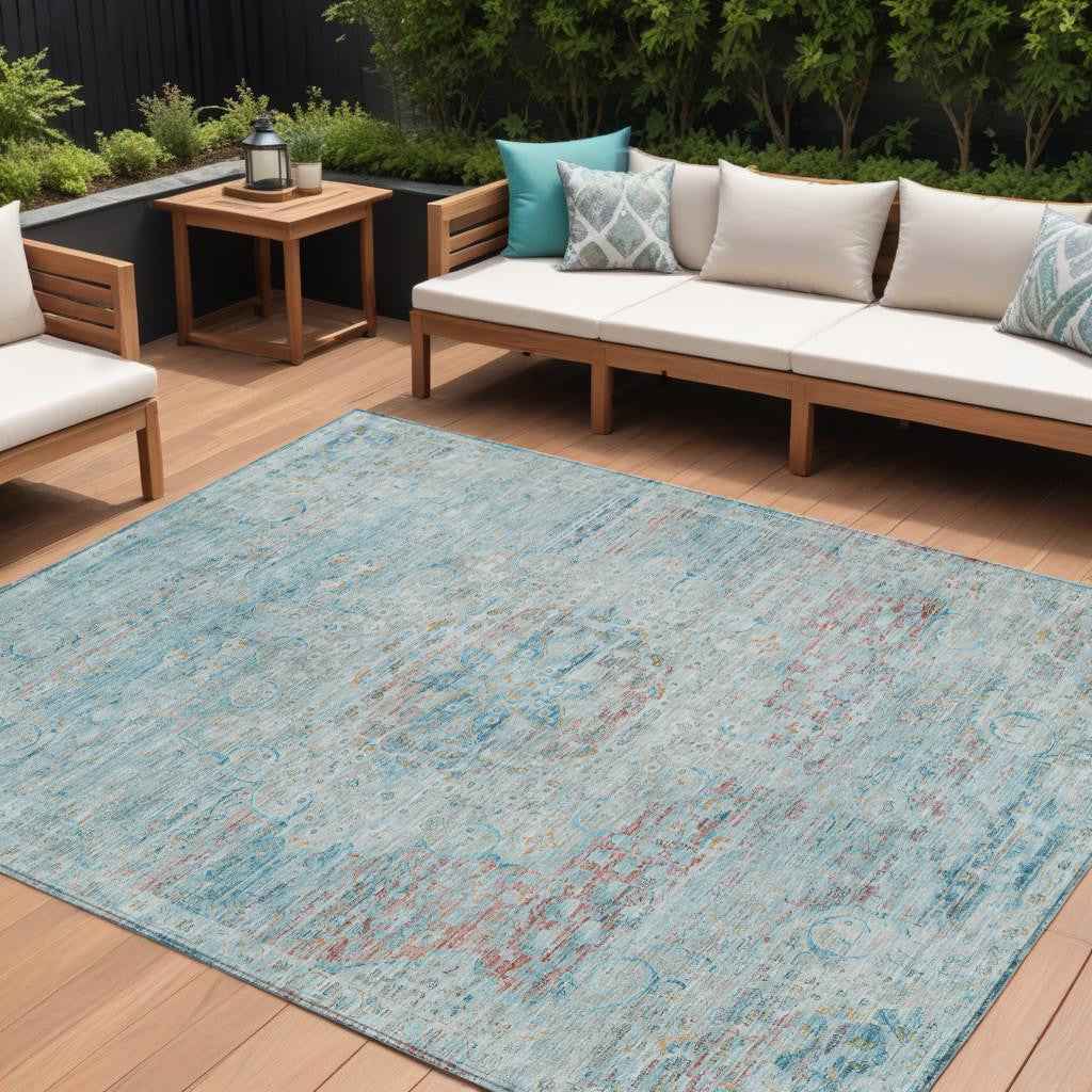 8' X 10' Sky Blue And Blush Medallion Washable Indoor Outdoor Area Rug