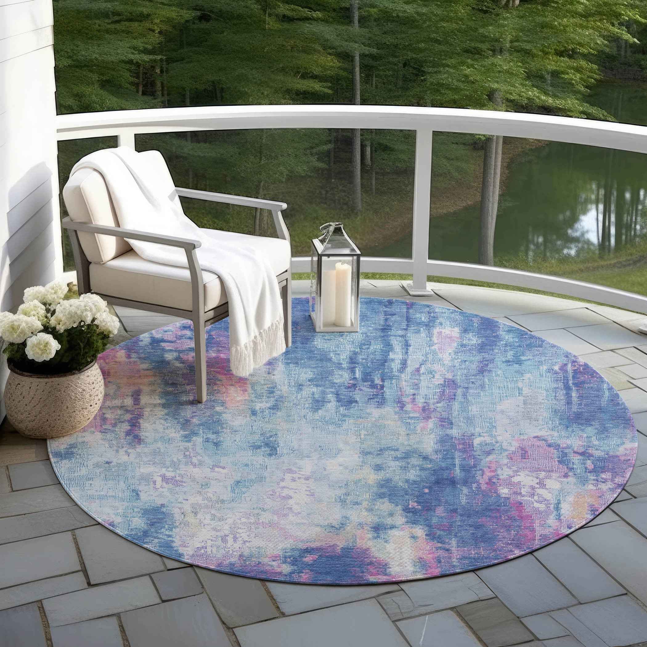 8' Blue Peach And Sky Blue Round Abstract Washable Indoor Outdoor Area Rug Default Title