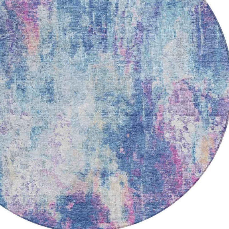8' Blue Peach And Sky Blue Round Abstract Washable Indoor Outdoor Area Rug