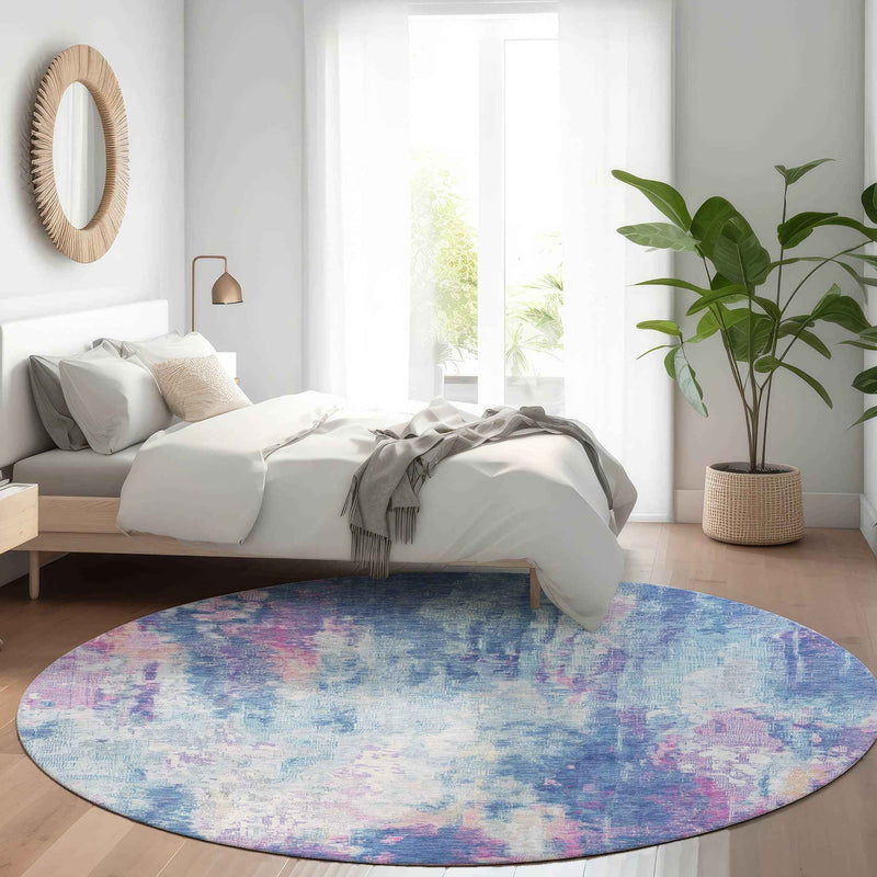 8' Blue Peach And Sky Blue Round Abstract Washable Indoor Outdoor Area Rug