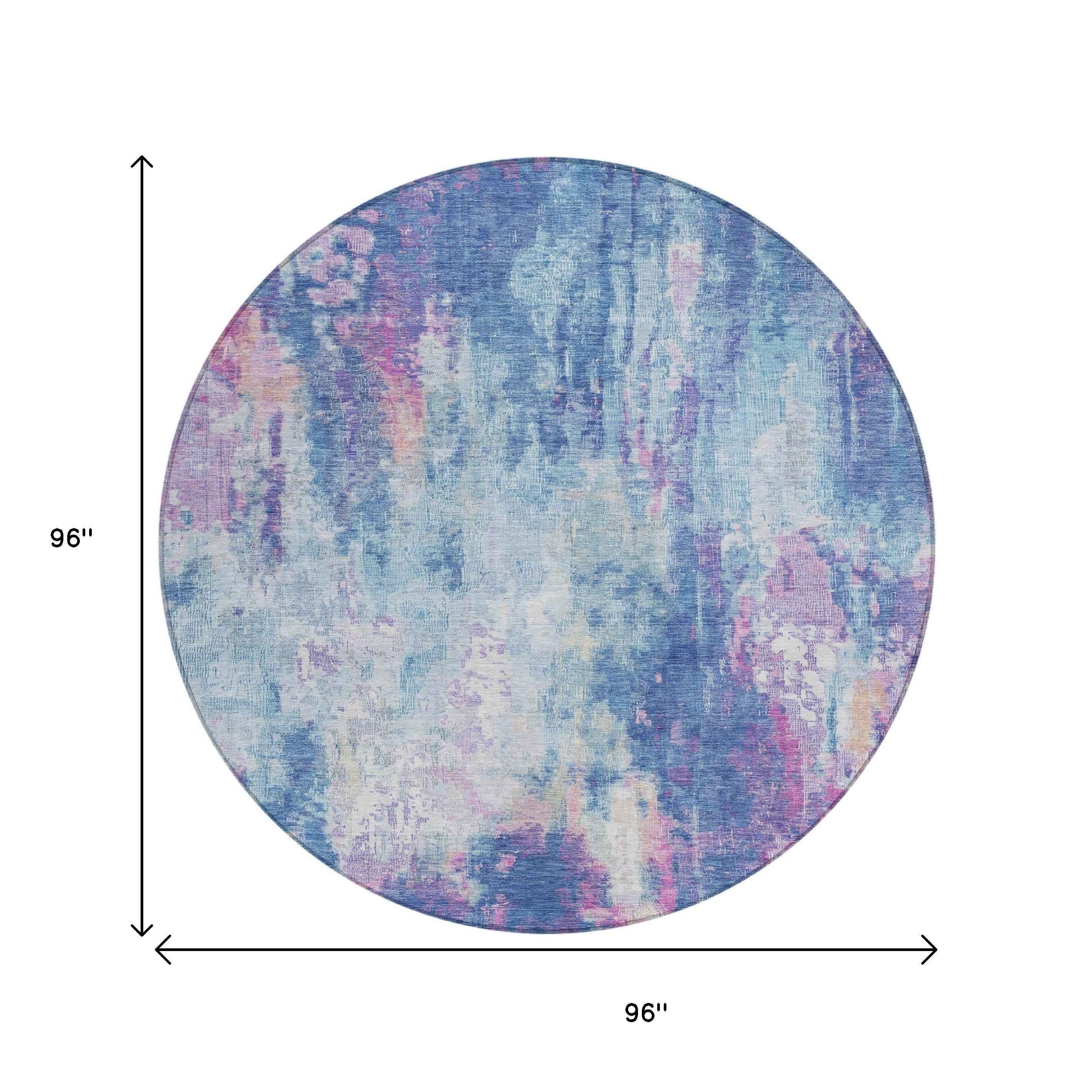 8' Blue Peach And Sky Blue Round Abstract Washable Indoor Outdoor Area Rug