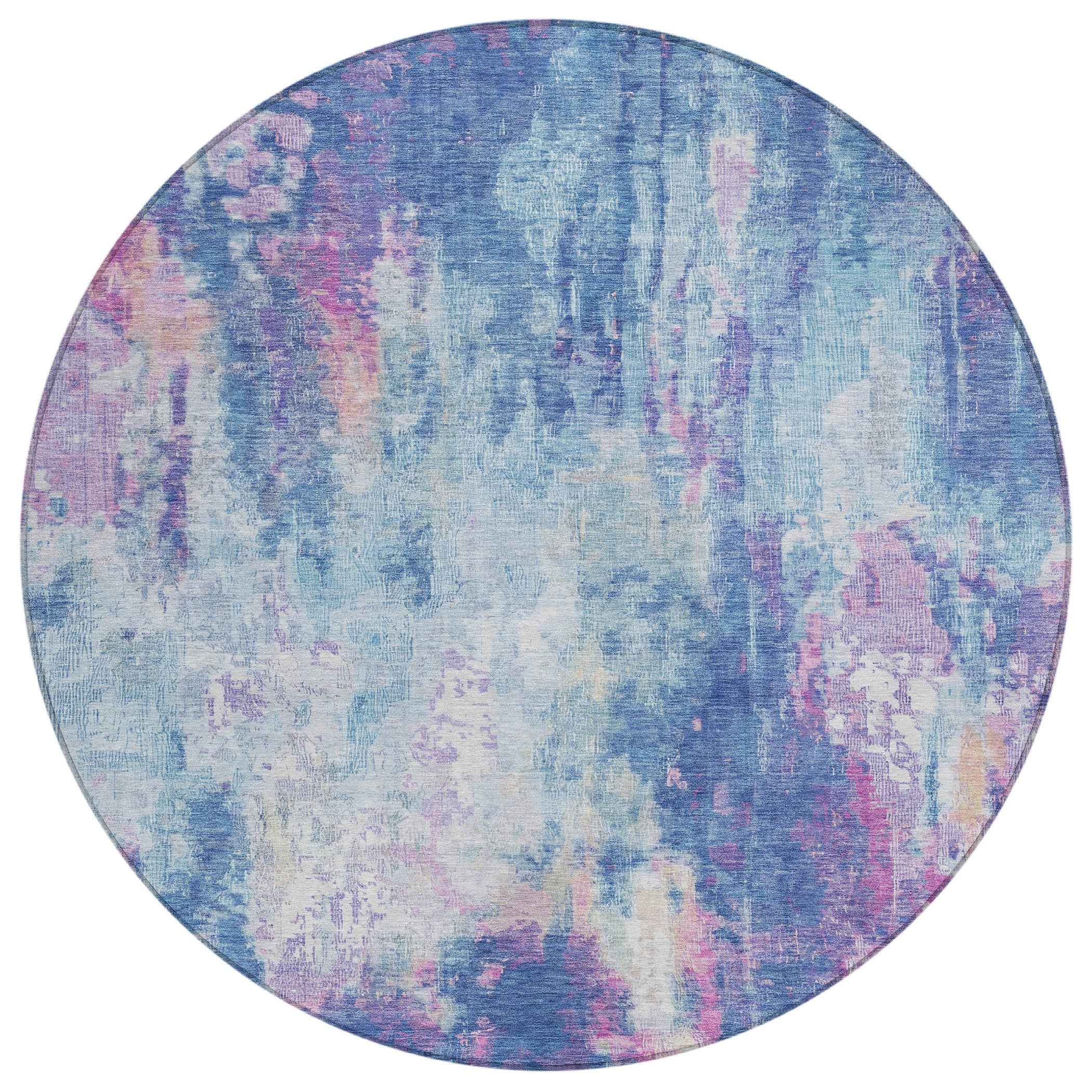 8' Blue Peach And Sky Blue Round Abstract Washable Indoor Outdoor Area Rug