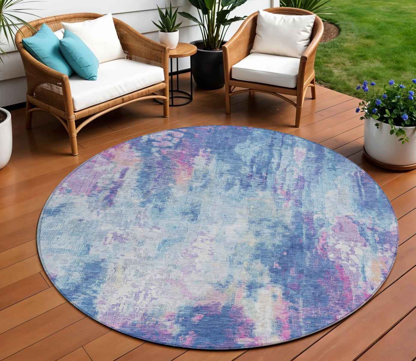8' Blue Peach And Sky Blue Round Abstract Washable Indoor Outdoor Area Rug