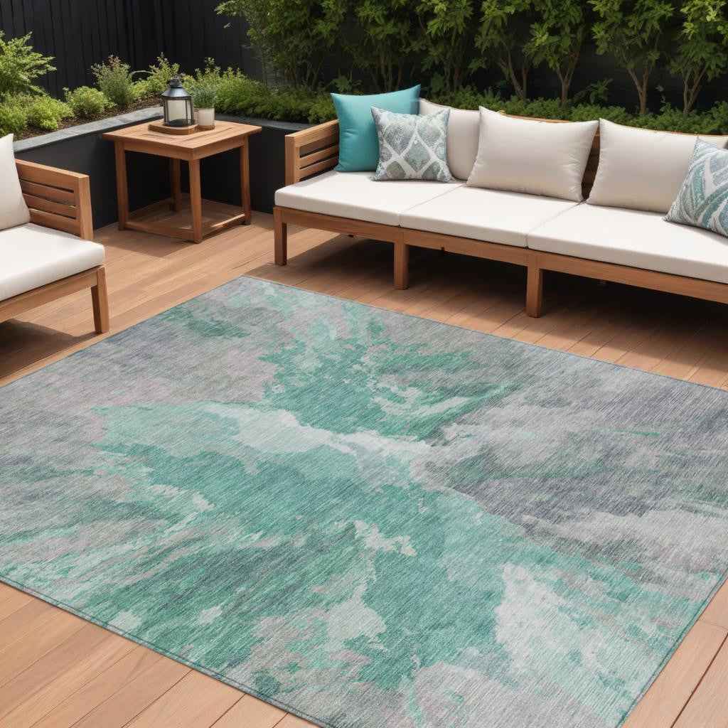 8' X 10' Teal Blue And Lavender Abstract Washable Indoor Outdoor Area Rug