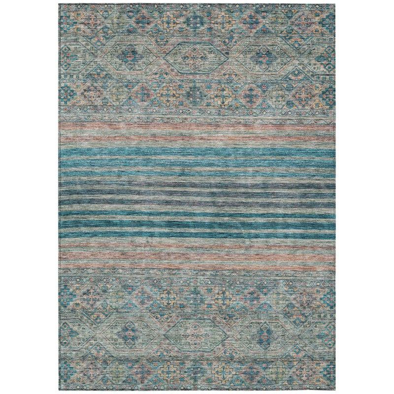 5' X 8' Teal Blue Salmon And Beige Medallion Washable Indoor Outdoor Area Rug