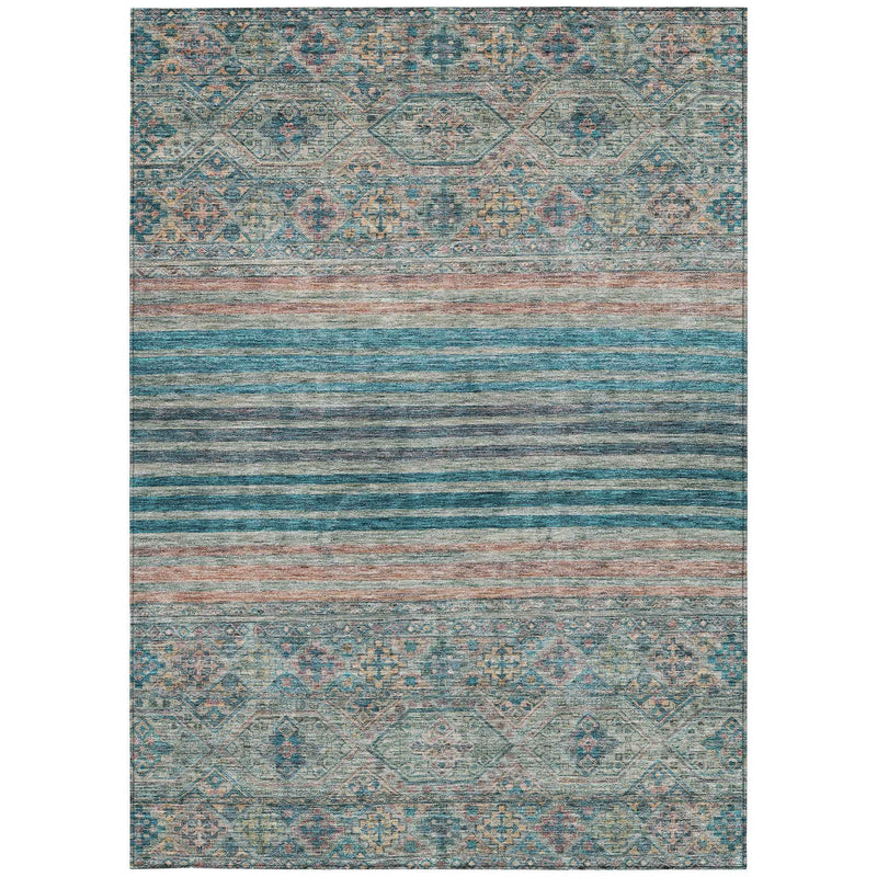 5' X 8' Teal Blue Salmon And Beige Medallion Washable Indoor Outdoor Area Rug