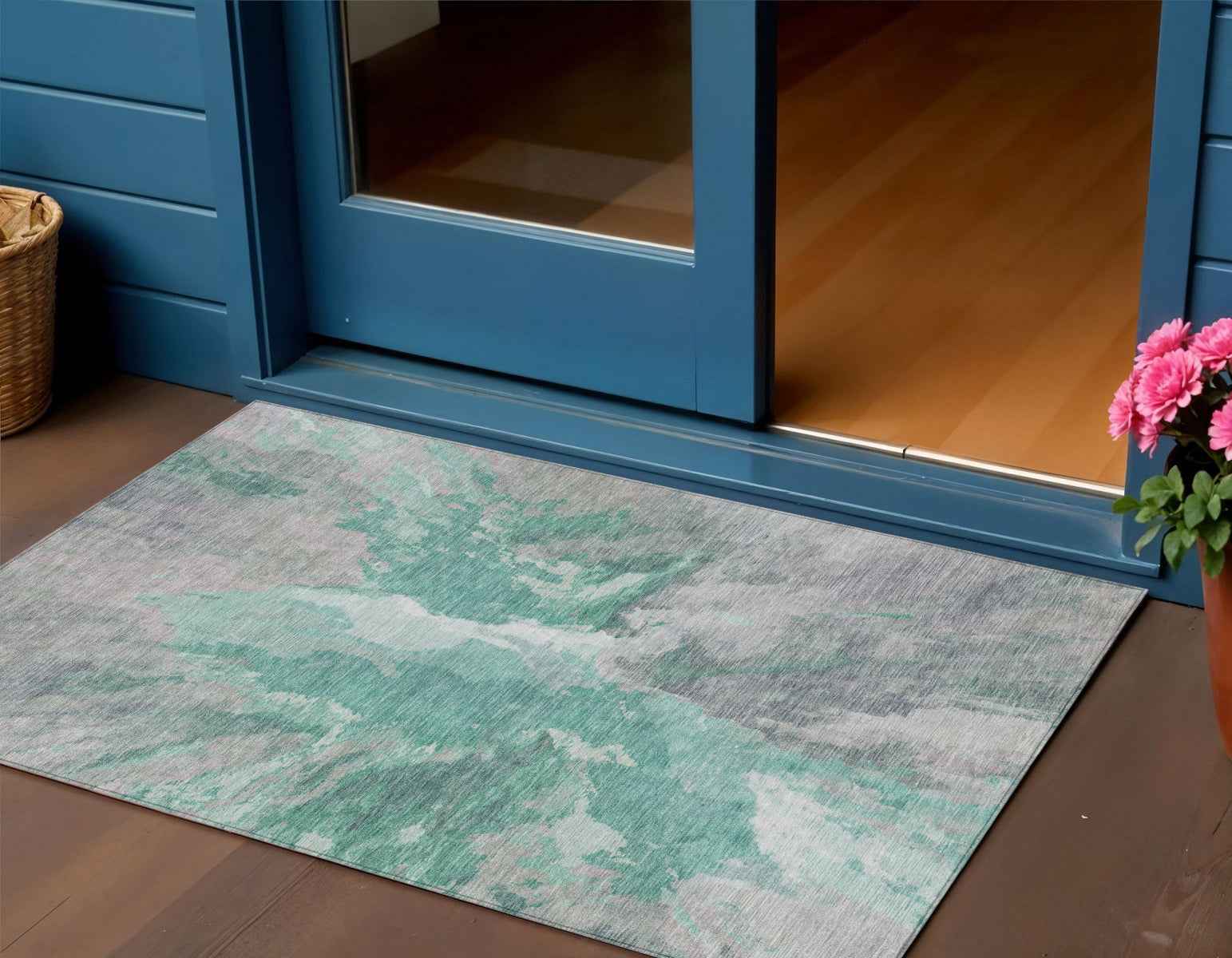 3' X 5' Teal Blue And Lavender Abstract Washable Indoor Outdoor Area Rug